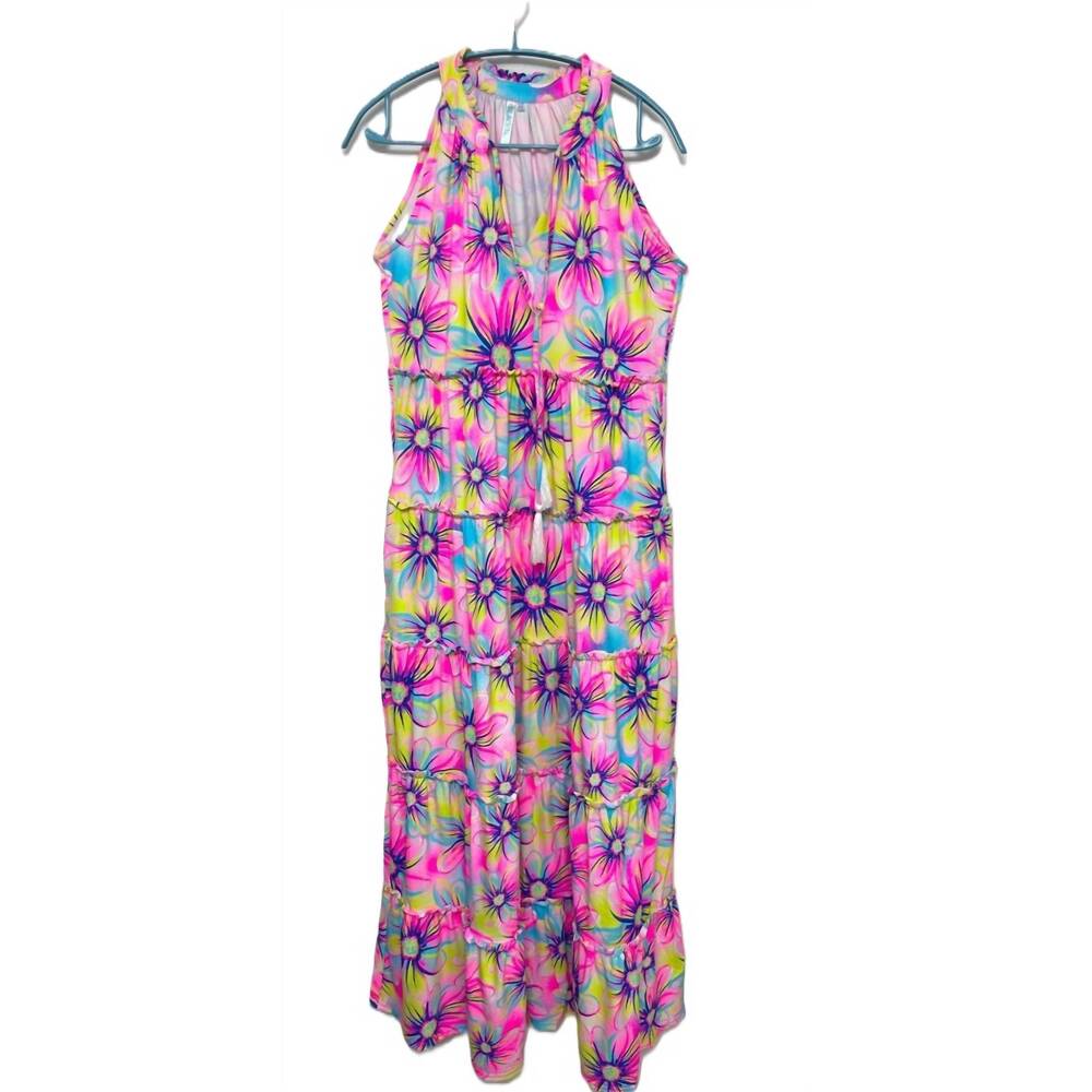 NEW BEACHTIME women's ruffle rows bright flower print sleeveless dress in multi
